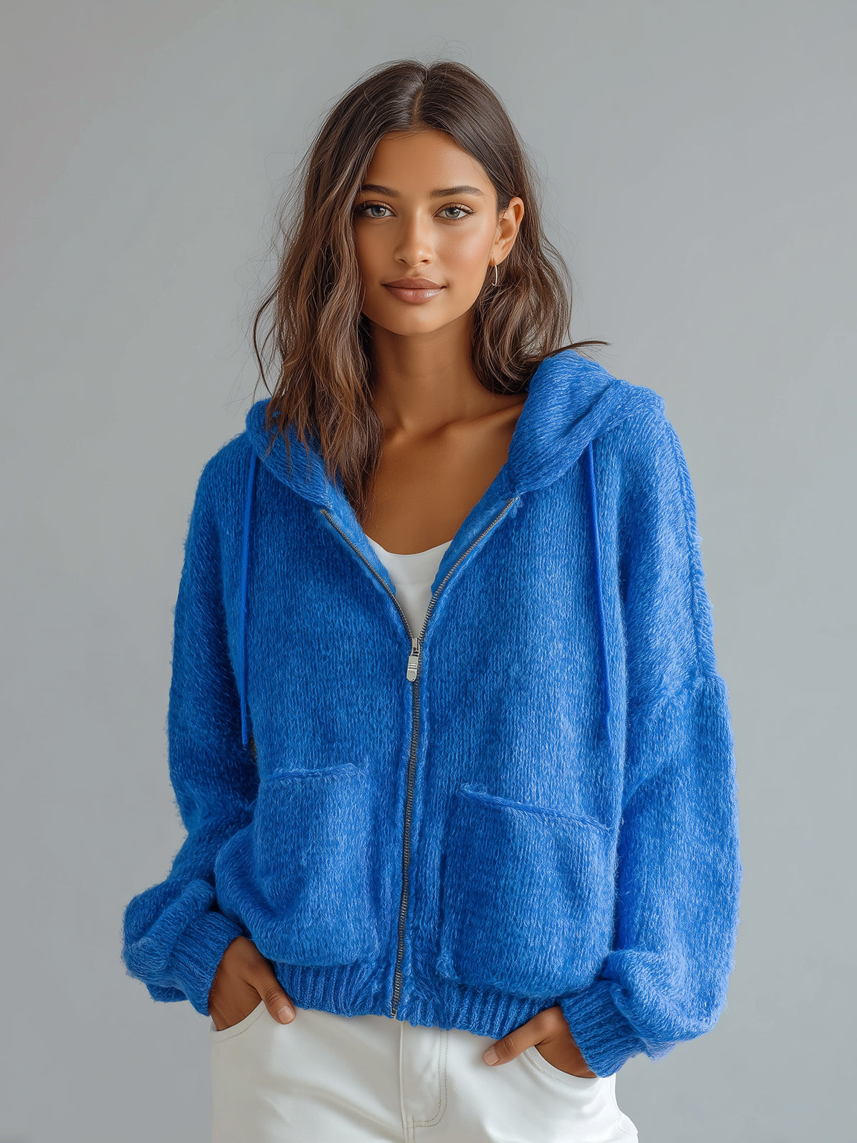 Taidalw Casual Chic Royal Blue Hooded Full-Zip Double Pocket Oversized Knit Slouchy Cardigan