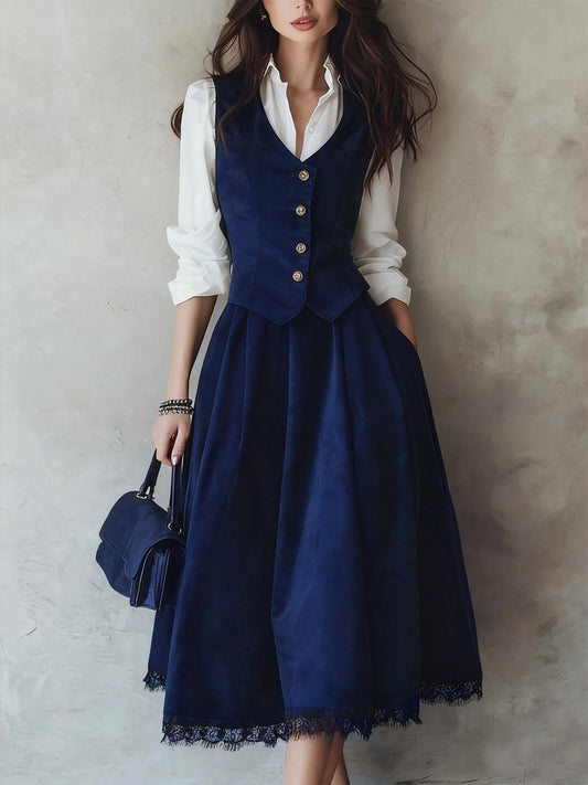 Midi Cotton Skirt, Plain, Pocket Design, Vintage, Blue