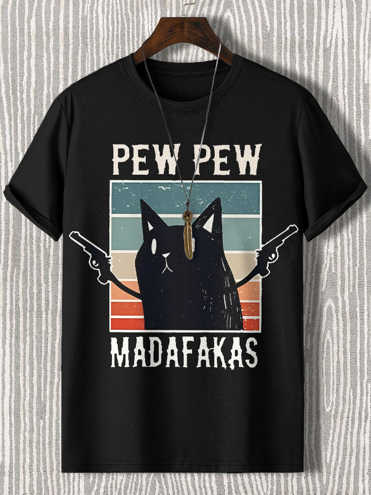 100% Cotton Pew Pew Madafakas Funny Cat Print Casual T-Shirt