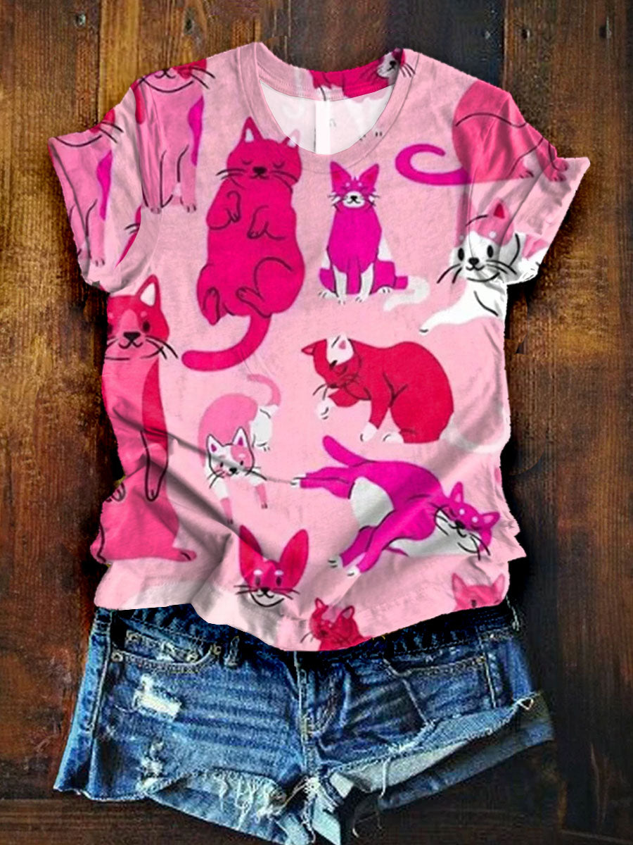 Pink Cat Behavior Art Print Casaul T-shirt