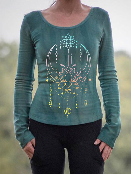 Western Tribal Print Round Neck Long Sleeve T-Shirt