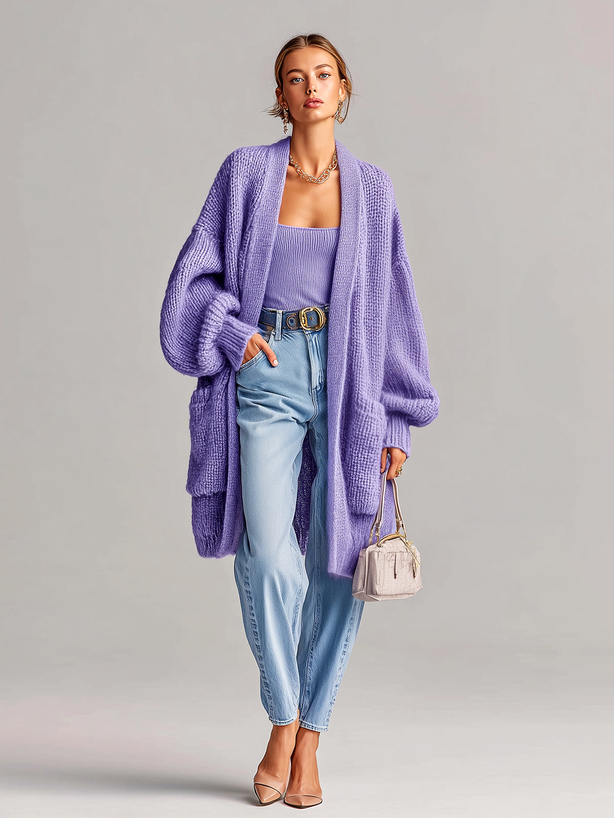 Taidalw Chic Vintage Lavender Lantern Sleeve Large Patch Pockets Oversized Knit Mid-Length Cardigan