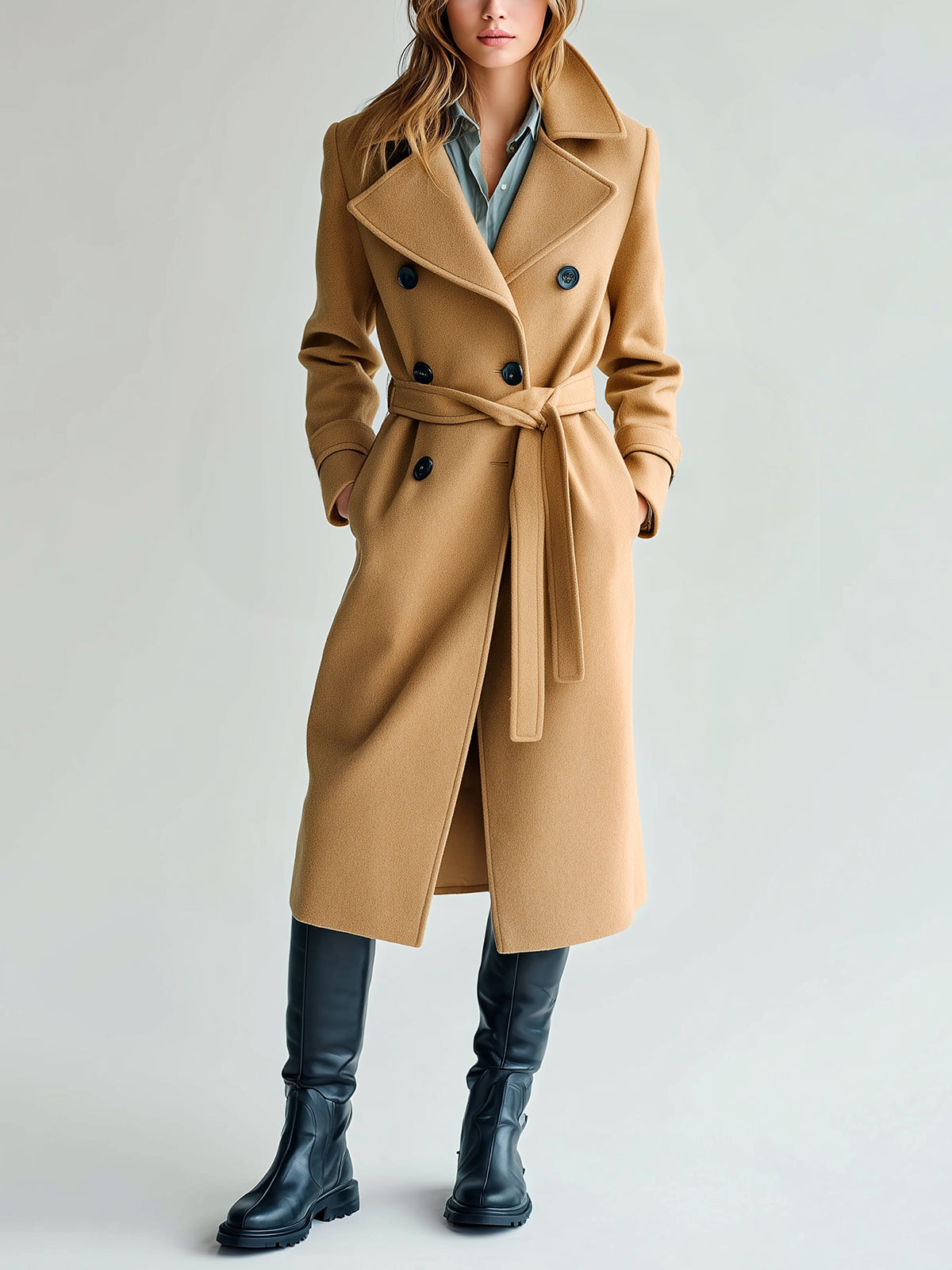 Taidalw Chic Vintage Camel Wool Blend Oversized Lapel Double-Breasted Belted Mid-Length Warm Coat