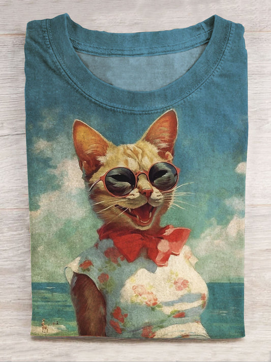 Beach Cat Print Casual Short Sleeve Top