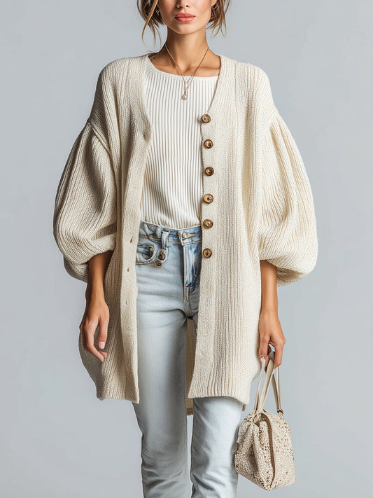 Taidalw Chic Vintage Cream White Puff Sleeve Single-Breasted Oversized Ribbed Mid-Length Knit Cardigan