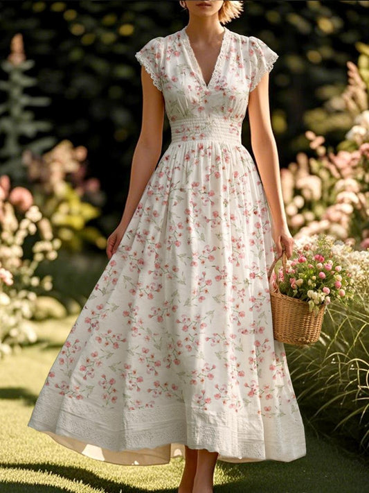 (SIZE:XS-XXL) Linen Maxi Dress, Short Sleeve, Lace Collar, Floral, Vintage, White