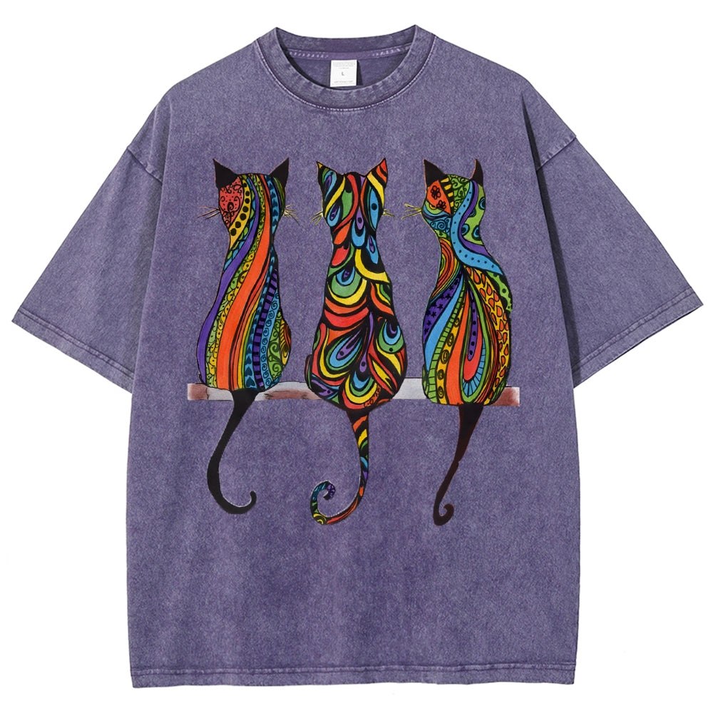Unisex Colorful Geometric Cat Printed Washed Tee