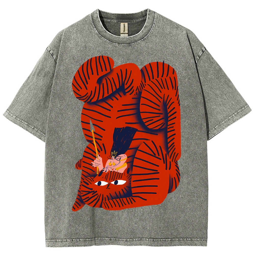 Unisex Vintage Cat Printed Washed Tee