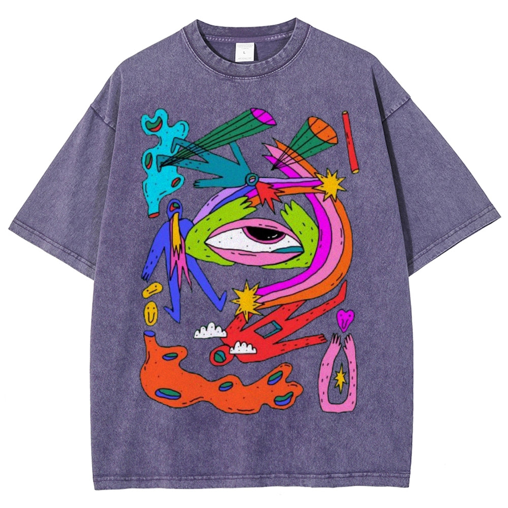 Unisex Abstract Art Eyes Printed Washed Tee