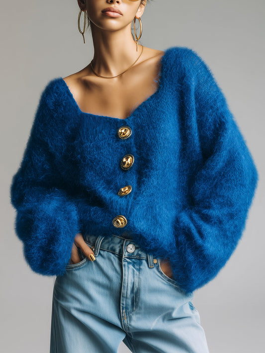 Taidalw Chic Vintage Royal Blue Square Neck Single-Breasted Long Sleeve Loose-Fit Fuzzy Knit Cardigan Top