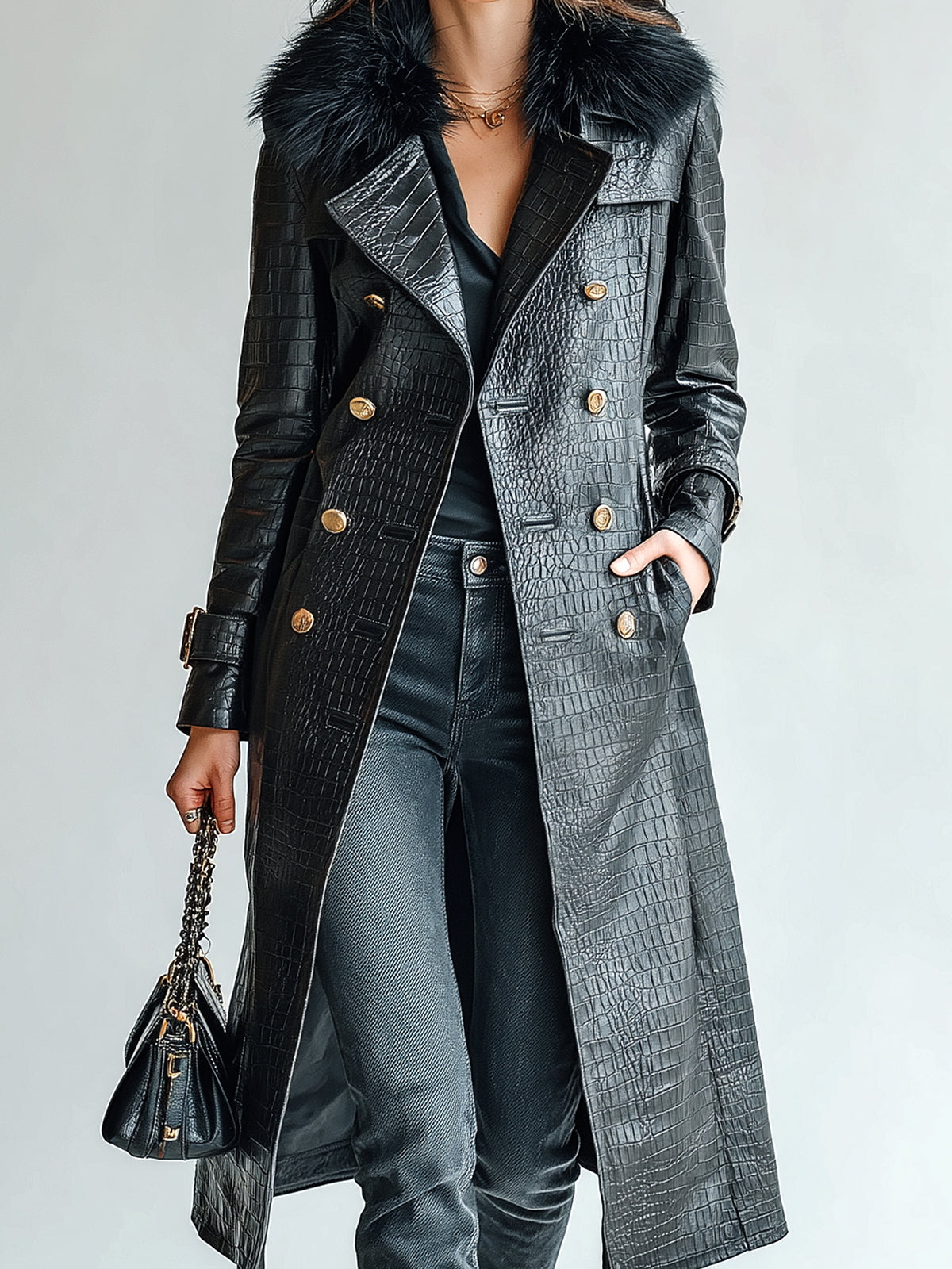 Taidalw Chic Vintage Black Crocodile-Embossed Faux Leather Detachable Fur Collar Double-Breasted Long Trench Coat