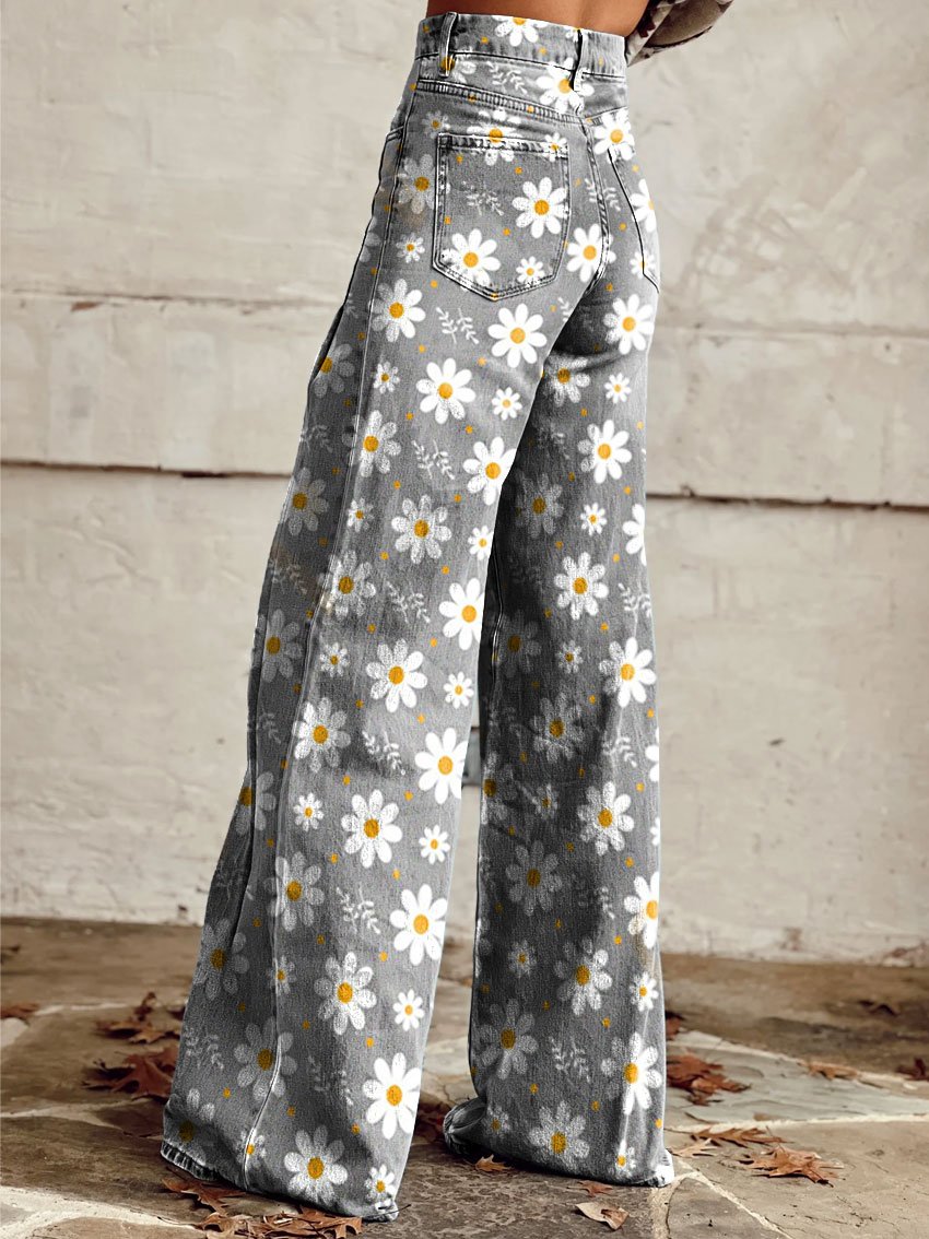 Women's Vintage Flower Daisy Print Casual Wide Leg Pants