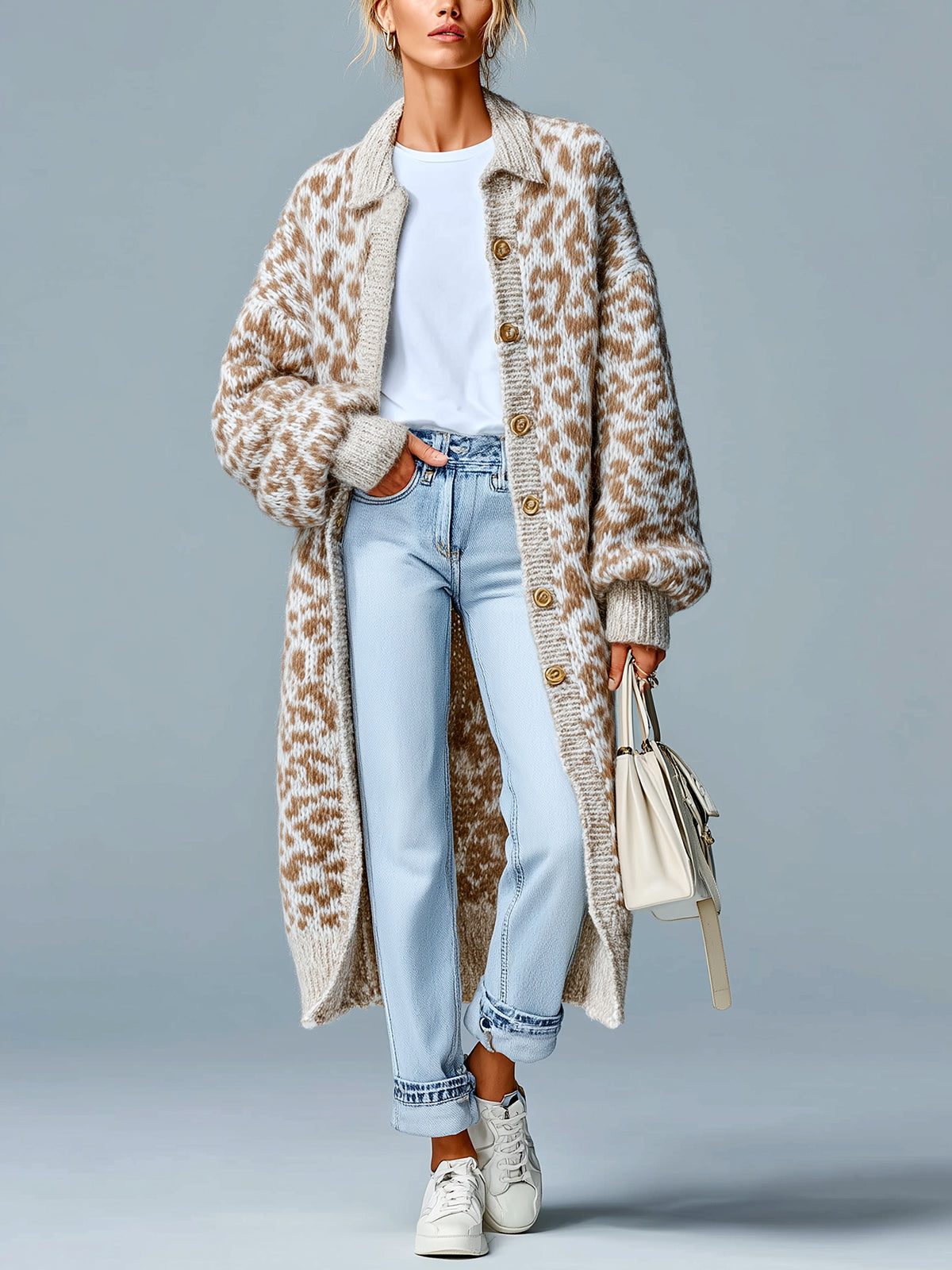 Taidalw Chic Vintage Light Khaki Leopard Lapel Single-breasted Maxi-Length Slouchy Knit Cardigan