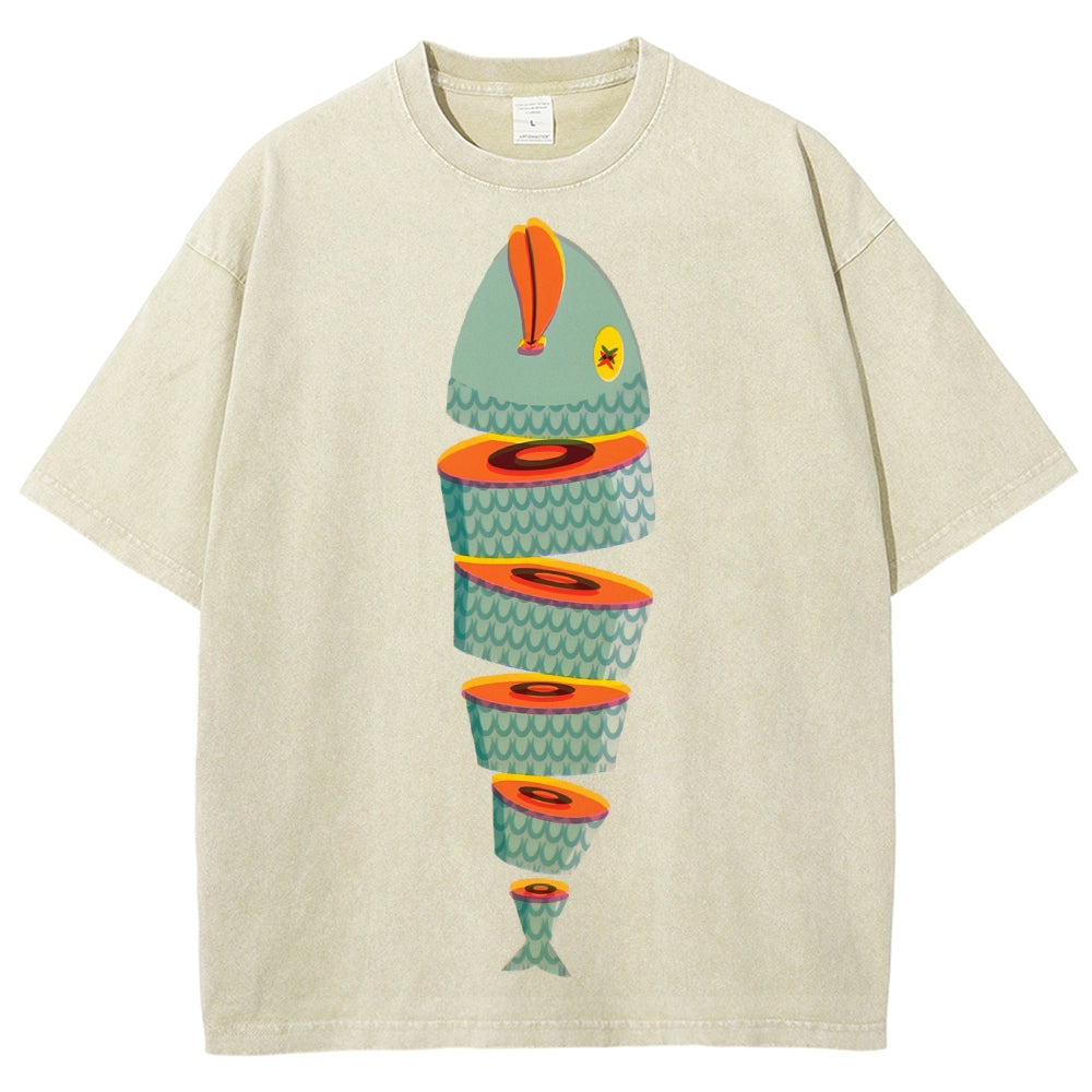 Unisex Fish Printed Washed Tee