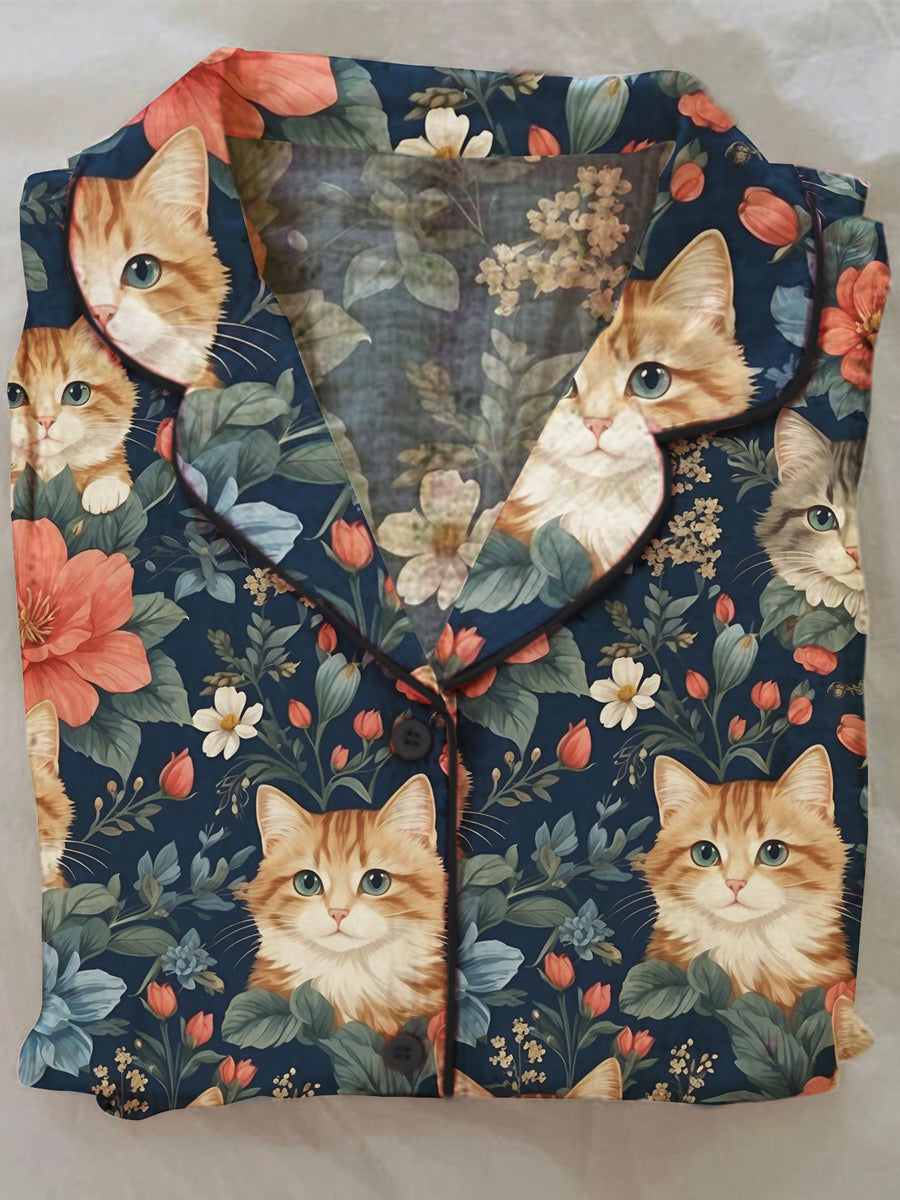 Women's Flower Cat Print Pajama Set