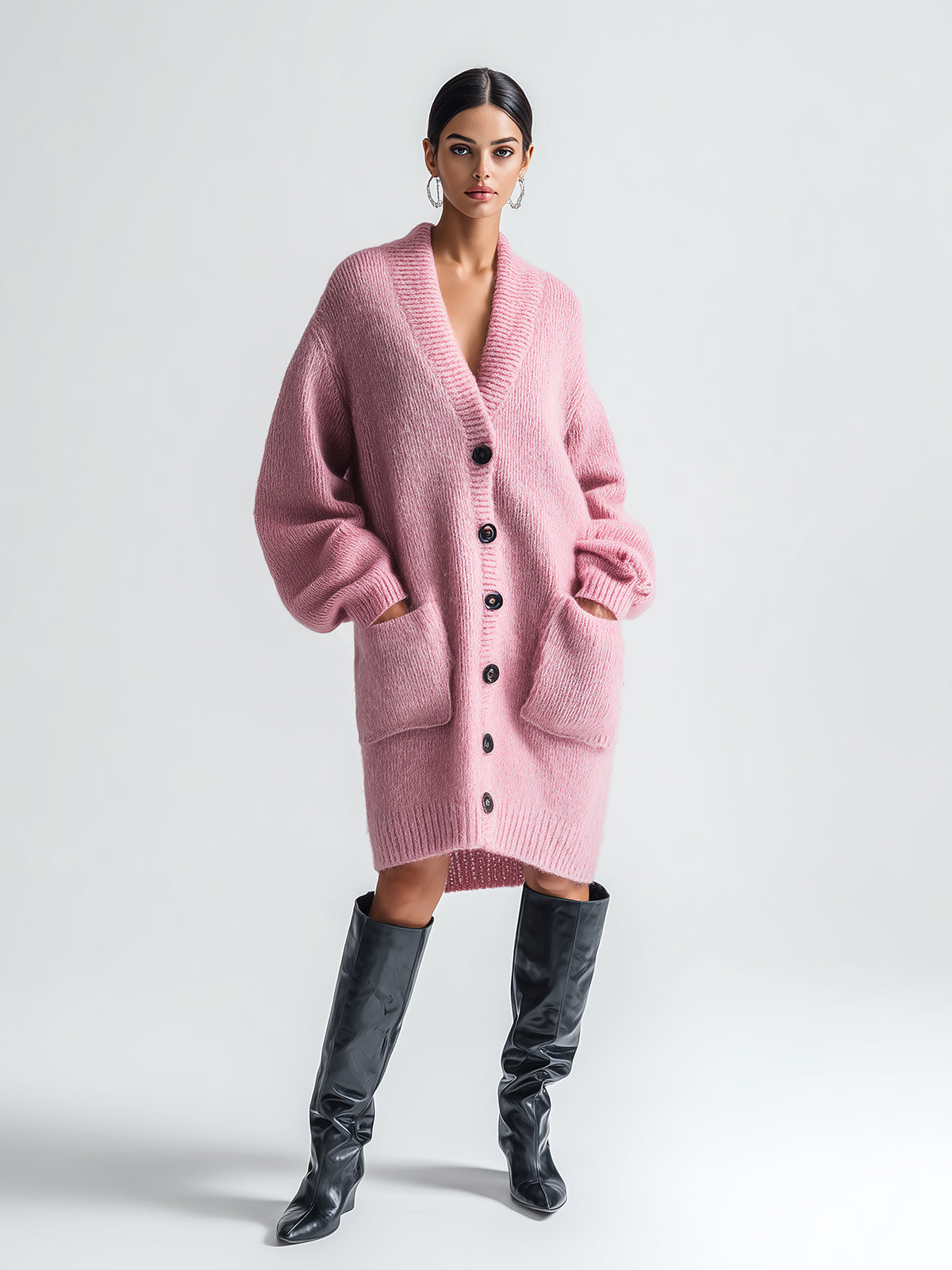 Taidalw Chic Vintage Pink V-Neck Single-Breasted Long Sleeve Patch Pocket Oversized Knit Mid-Length Cardigan
