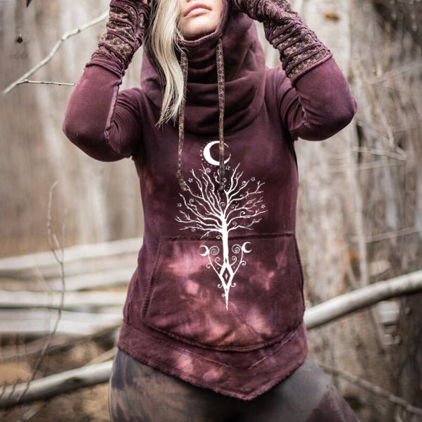 Vintage Elf Moon Tree Print Hoodie