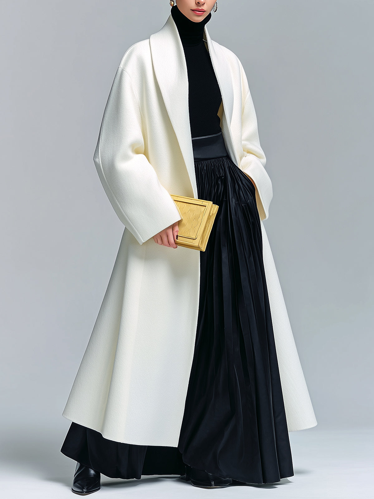 Taidalw Vintage Elegant Cream White Wool Blend Shawl Lapel Slouchy Maxi-Length Vintage Coat