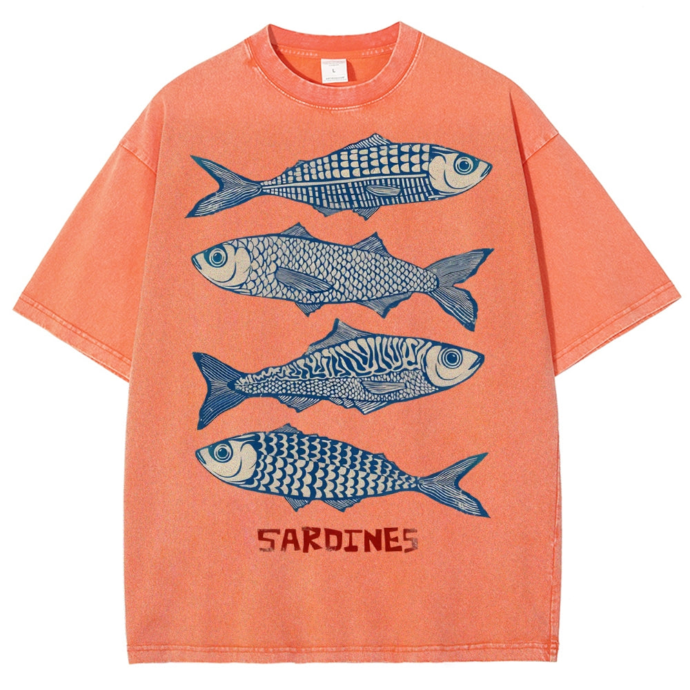 Unisex Sardines Printed Washed Tee
