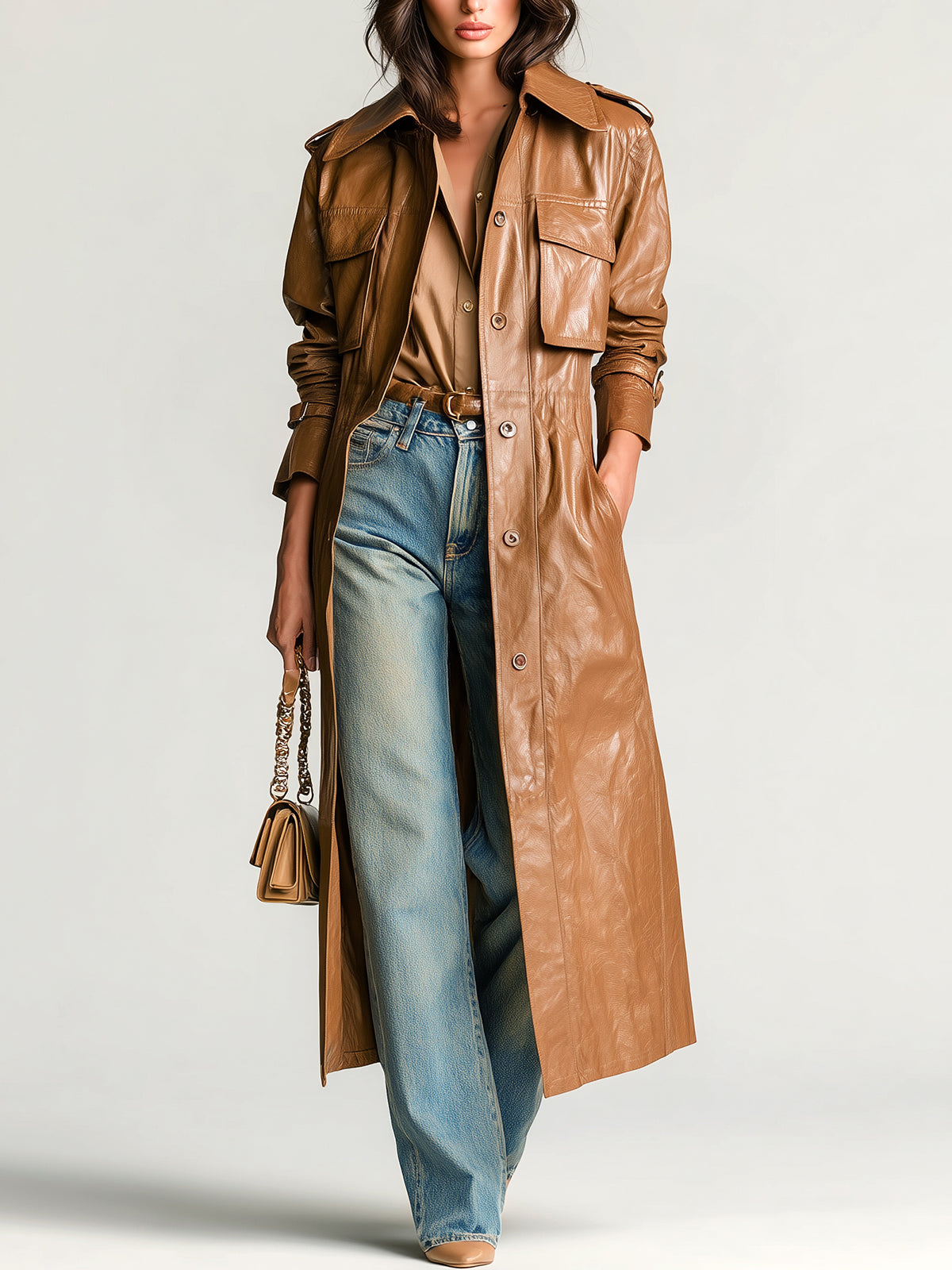 Taidalw Chic Vintage Camel Faux Leather Lapel Single-Breasted Multi-Pocket Long Trench Coat