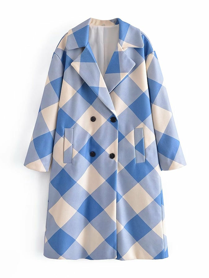 Women's Retro Contrast Blue Plaid Design Loose Coat Jacket