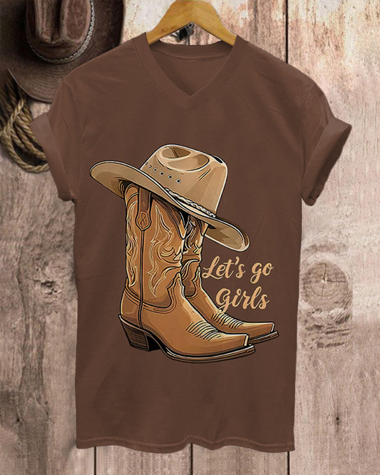 100% Cotton Let's Go Cowgirl V-neck Short Sleeve Tshirt