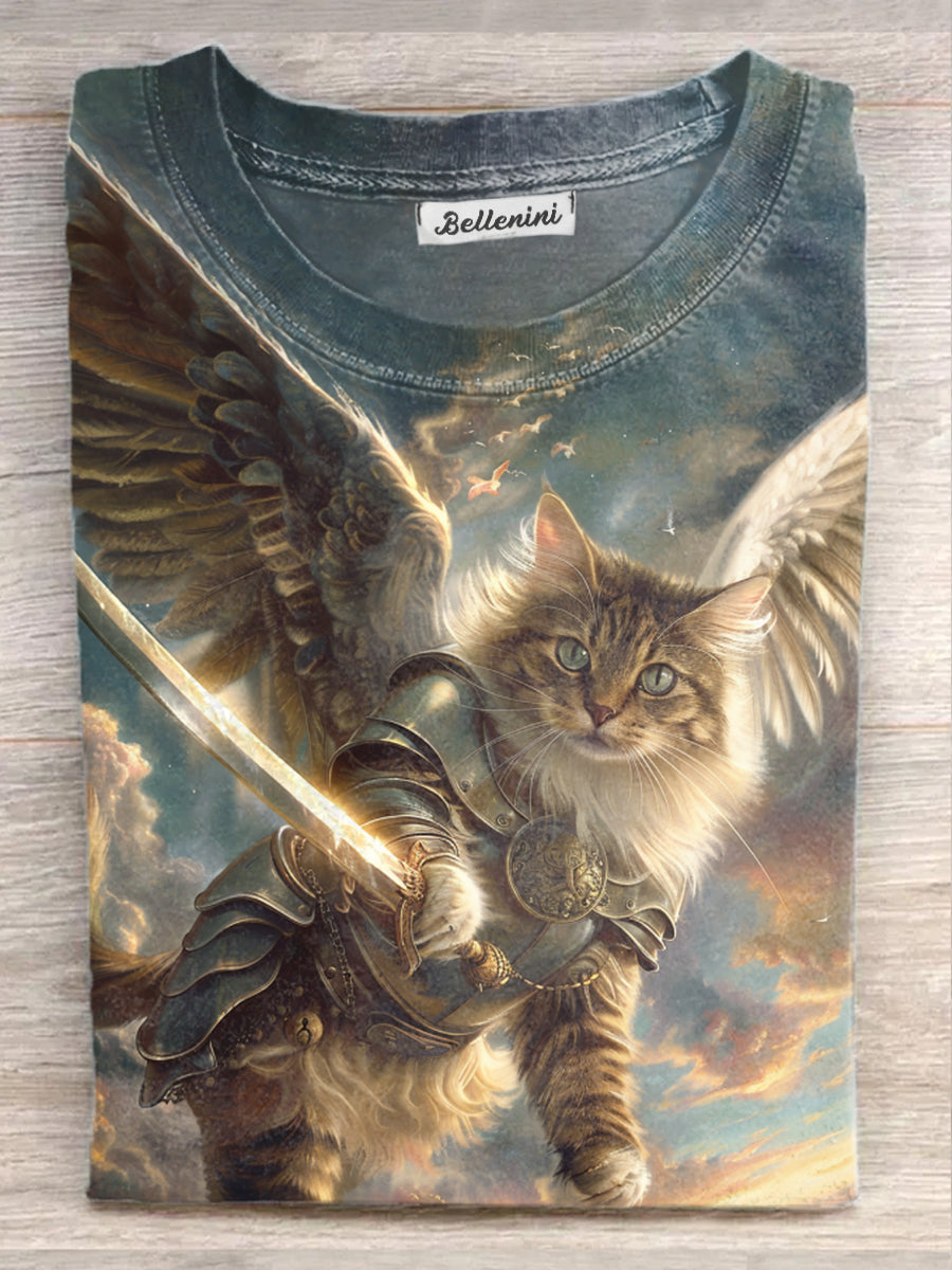 Unisex Christ Warrior Angel Cat Print Casual Short Sleeve T-Shirt