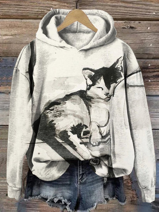 Women's Sleeping Cat Art Print Casual Sweatshirt