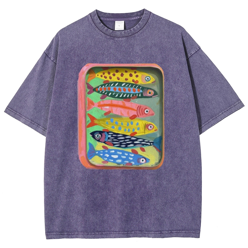 Unisex Canned Sardines Printed Casual Washed T-shirt