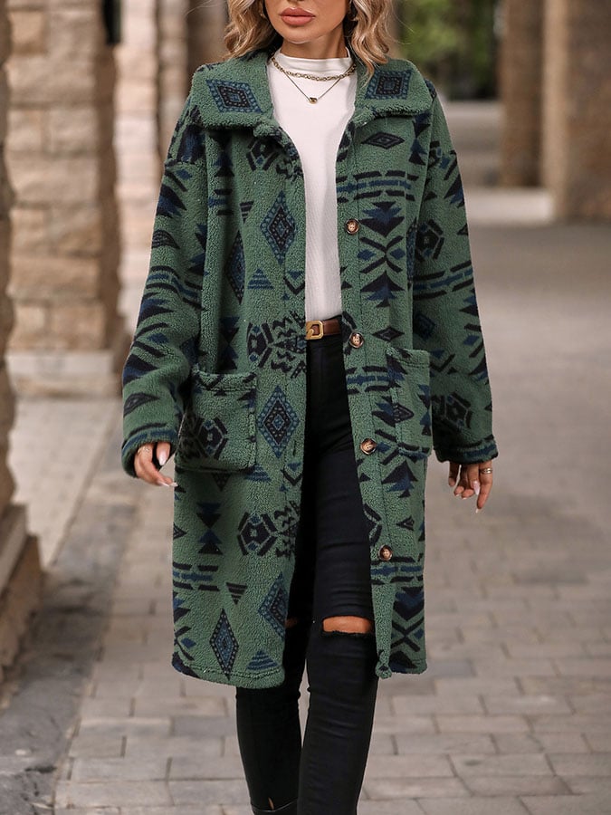 Women's Single Breasted Ethnic Style Printed Plush Long Coat