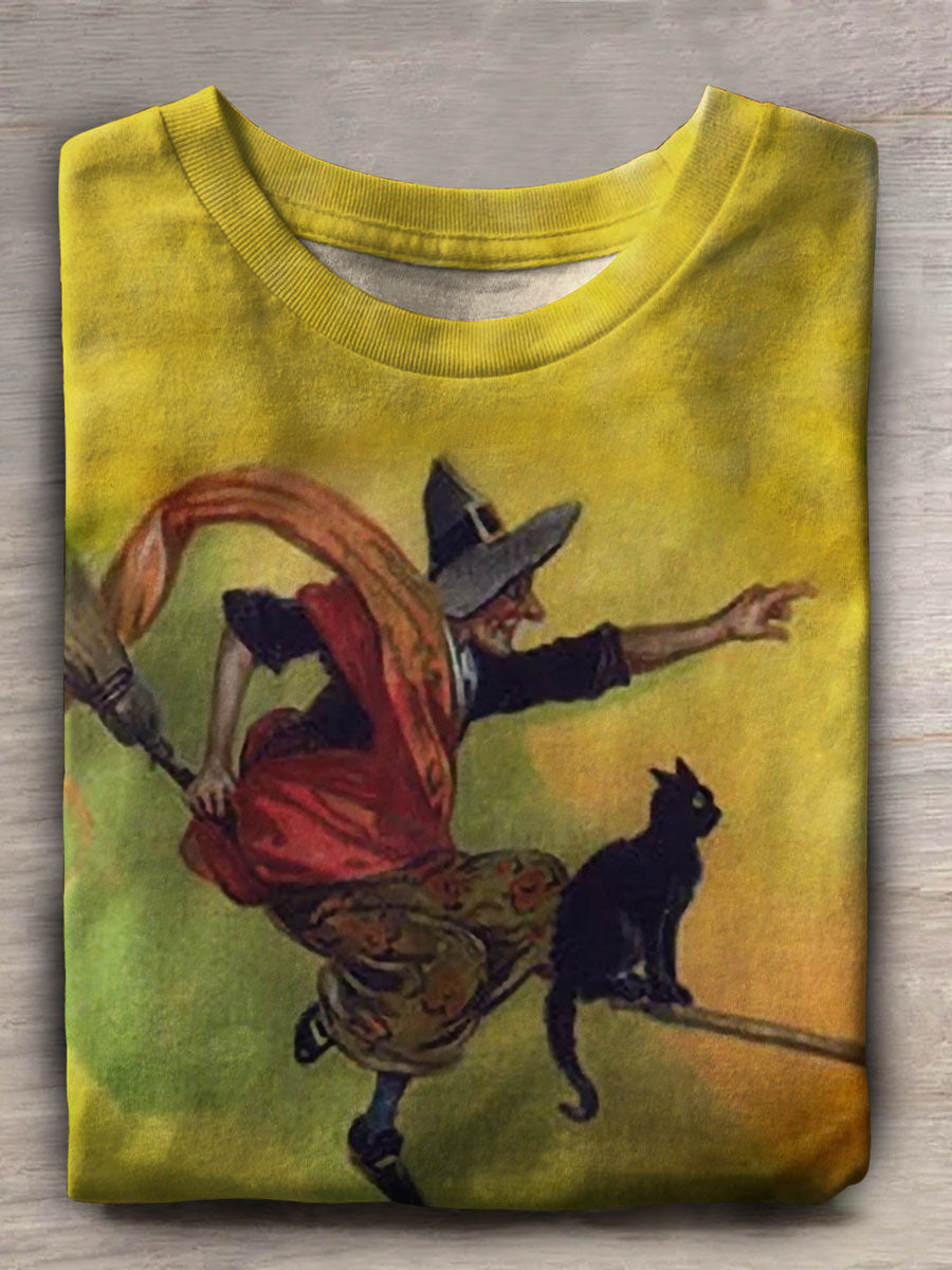 Witch and Cat Print Casual Short Sleeve Top