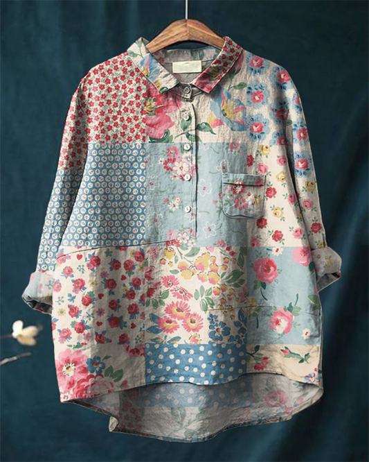 Women's Vintage Floral Print Casual Cotton and Linen Shirt