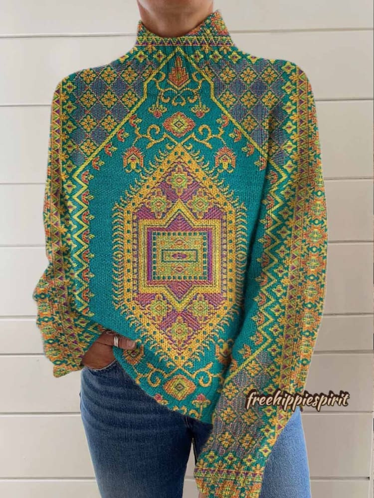 Women's Vintage Ethnic Floral Art Print Knit Turtleneck Pullover Sweater