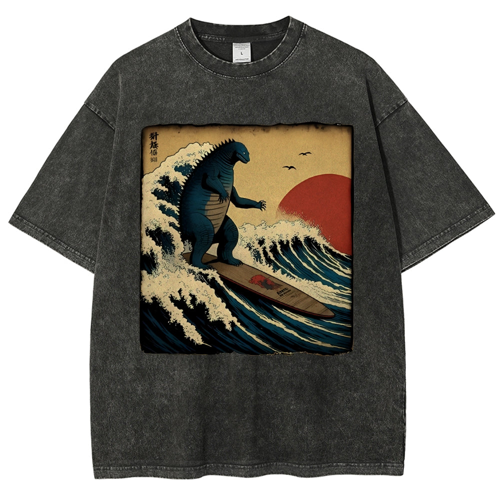 Unisex Vintage Japanese illustration Printed Washed Tee