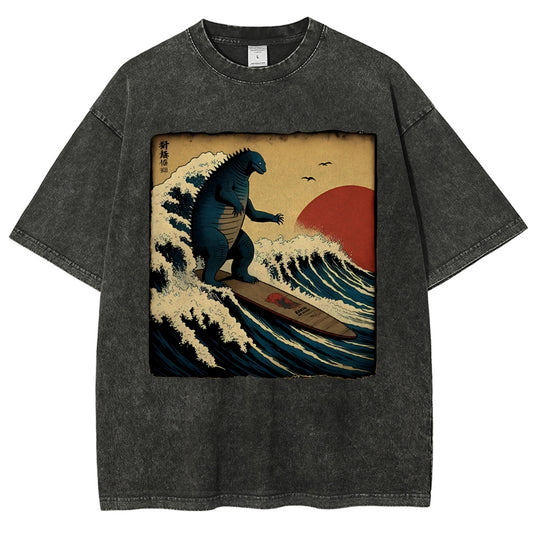 Unisex Vintage Japanese illustration Printed Washed Tee