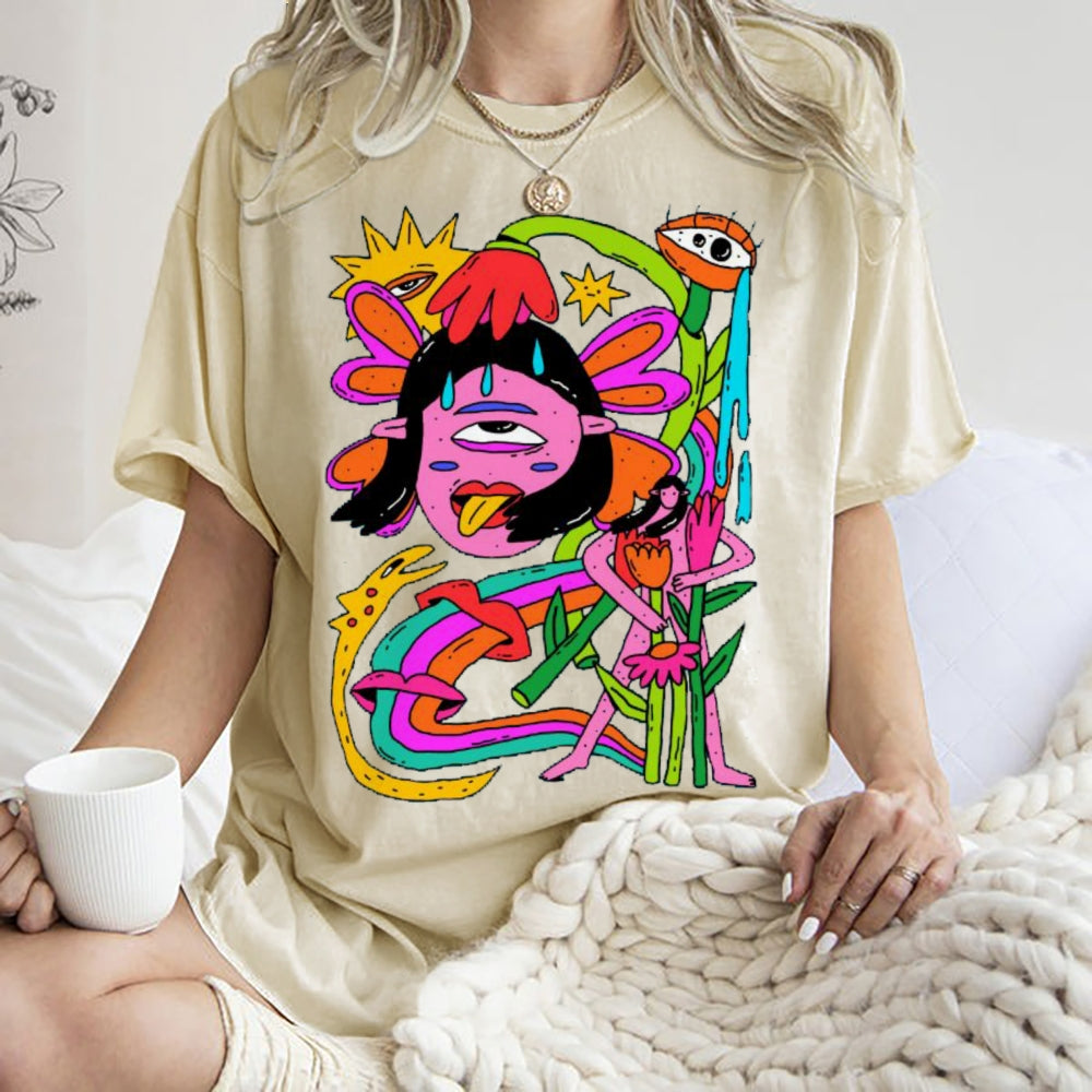 Unisex Abstract Art Human Face Eyes Printed Washed Tee