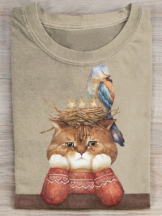 Funny Bird With Cat Art Print Casaul Short Sleeve T-shirt