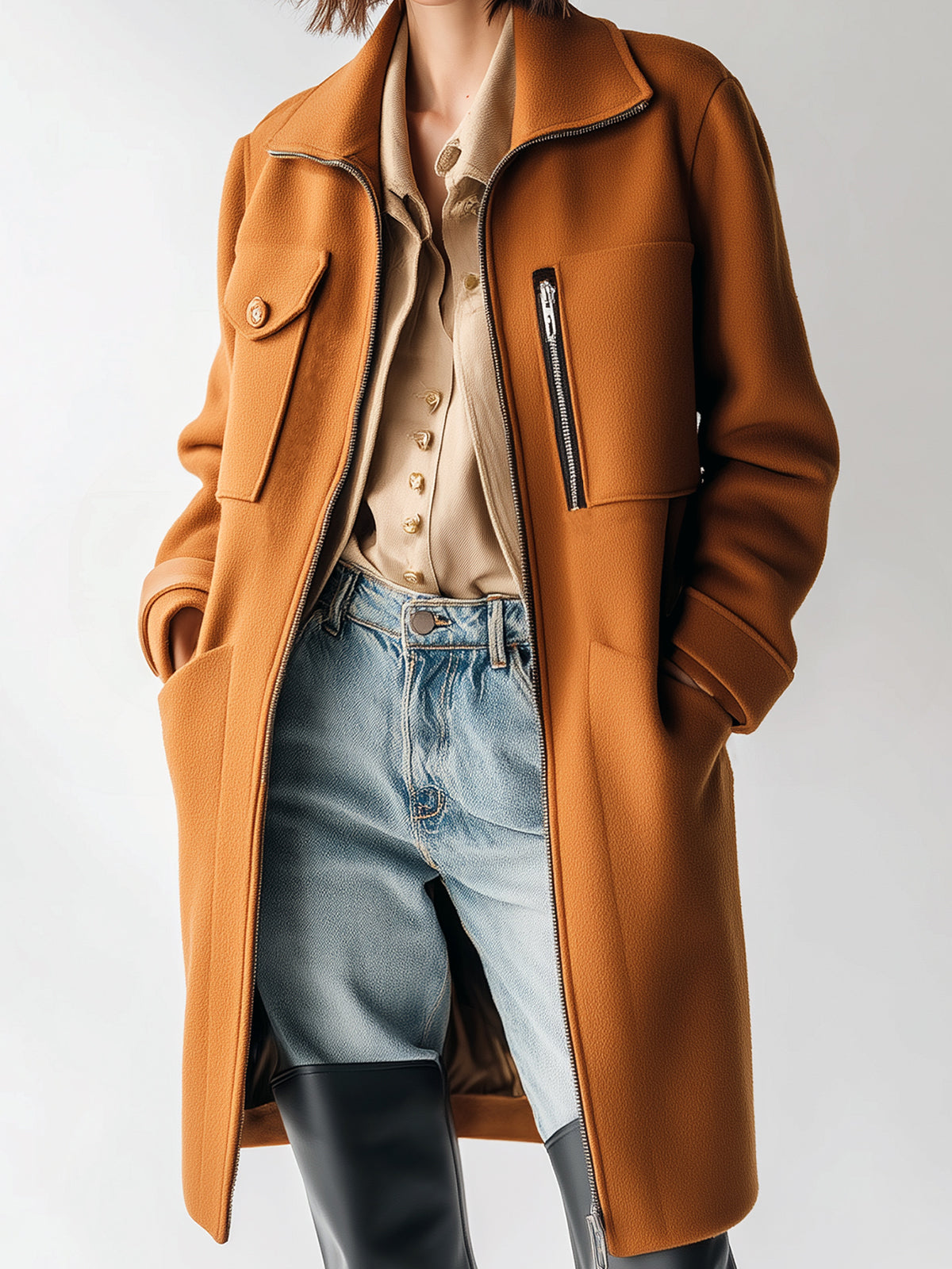 Taidalw Chic Caramel Collared Zip-Up Multi-Pocket Mid-Length Sophisticated Statement Coat