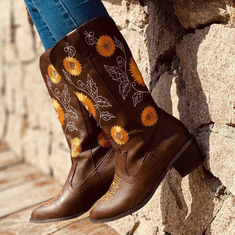 Retro Ethnic Style Sunflower Pattern Boots