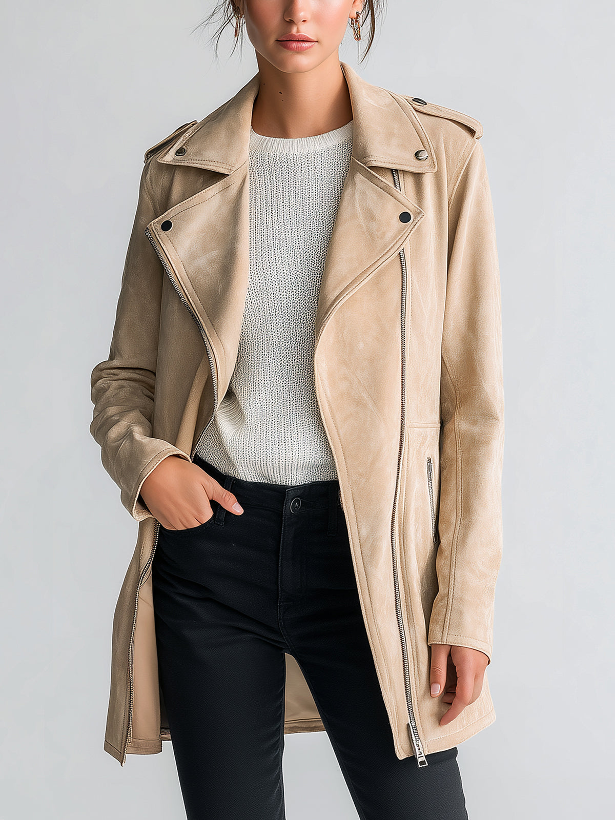 Taidalw Chic Casual Beige Faux Suede Biker Style Lapel Asymmetric Zip Mid-Length Jacket
