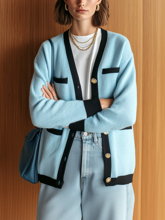 Taidalw Chic Vintage Blue Black Colorblock V-Neck Single-Breasted Long Sleeve Slim-Fit Knit Cardigan