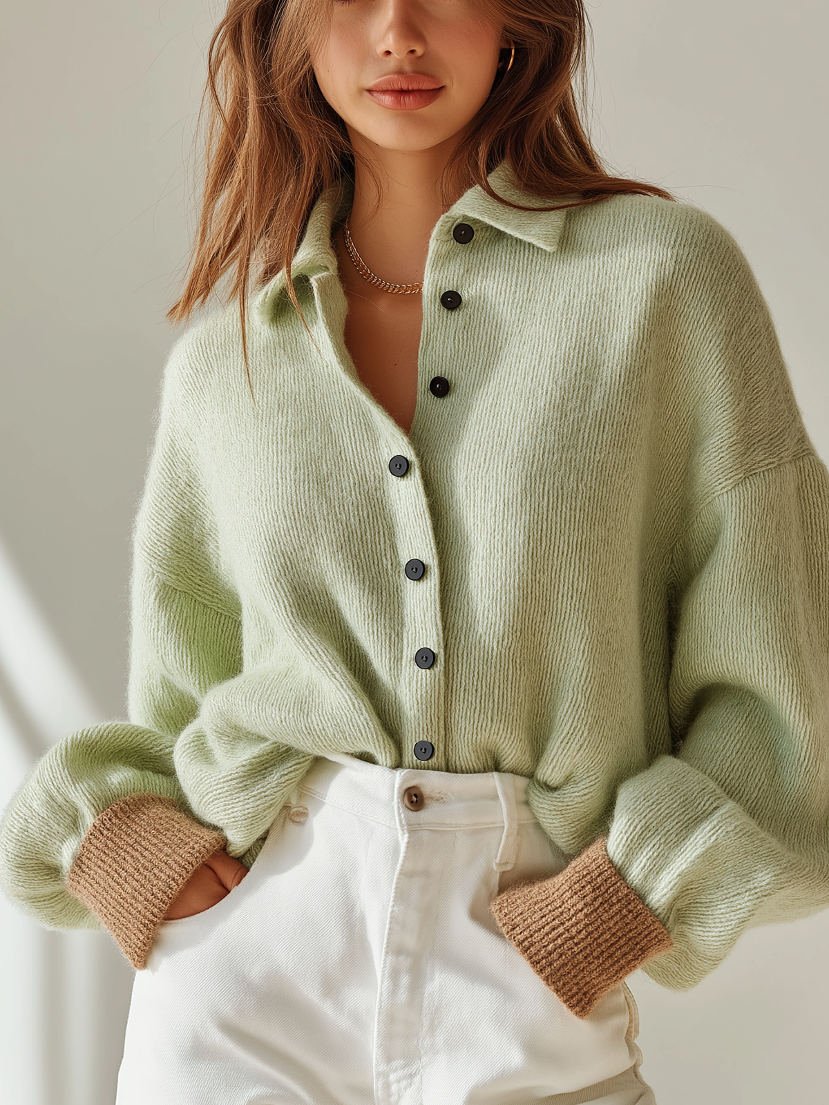 Taidalw Chic Vintage Light Green Polo Collar Single-breasted Long Sleeve Contrast Trim Details Oversized Knit Cardigan