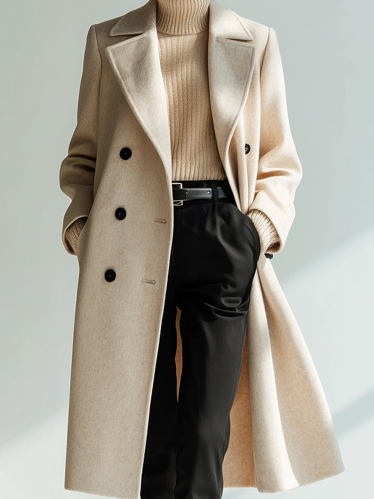 Taidalw Chic Vintage Beige Wool Blend Peak Lapel Double-Breasted Warm Long Coat