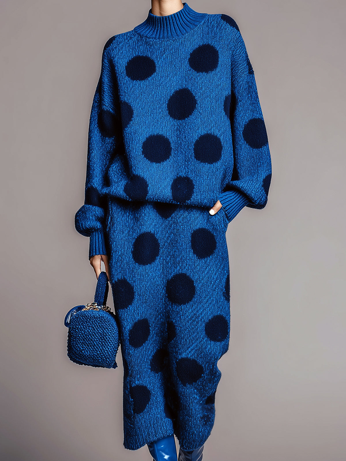 Taidalw Chic Contrast Polka Dot Mock Neck Long Sleeve Top Midi Skirt Knit Two-Piece Set