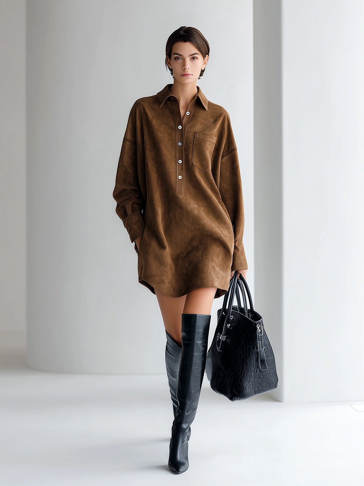 Taidalw Chic Vintage Brown Faux Suede Lapel Button-Front Patch Pocket Long Sleeve Oversized Mini Dress