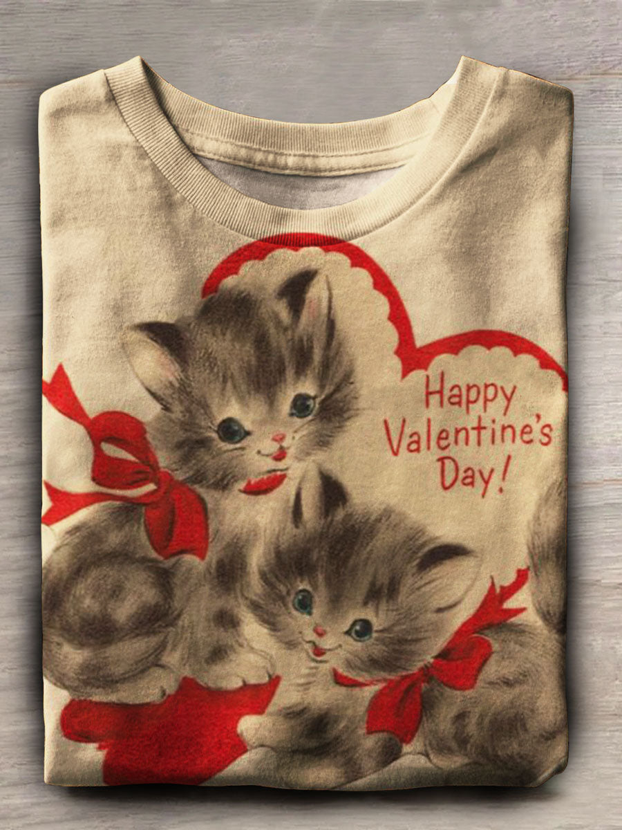 Valentine's Day Cat Print Casual Short Sleeve Top