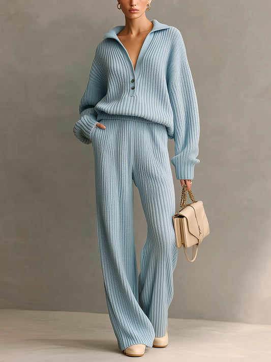 Taidalw Chic Elegant Blue Lapel V-Neck Button Details Long Sleeve Oversize Sweater Wide-Leg Pants Ribbed Knit Two-Piece Set