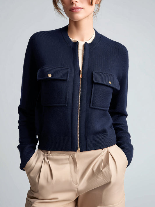Taidalw Casual Navy Blue Crew Neck Zip-Up Double Pocket Zipper-Front Cropped Sophisticated Knit Cardigan