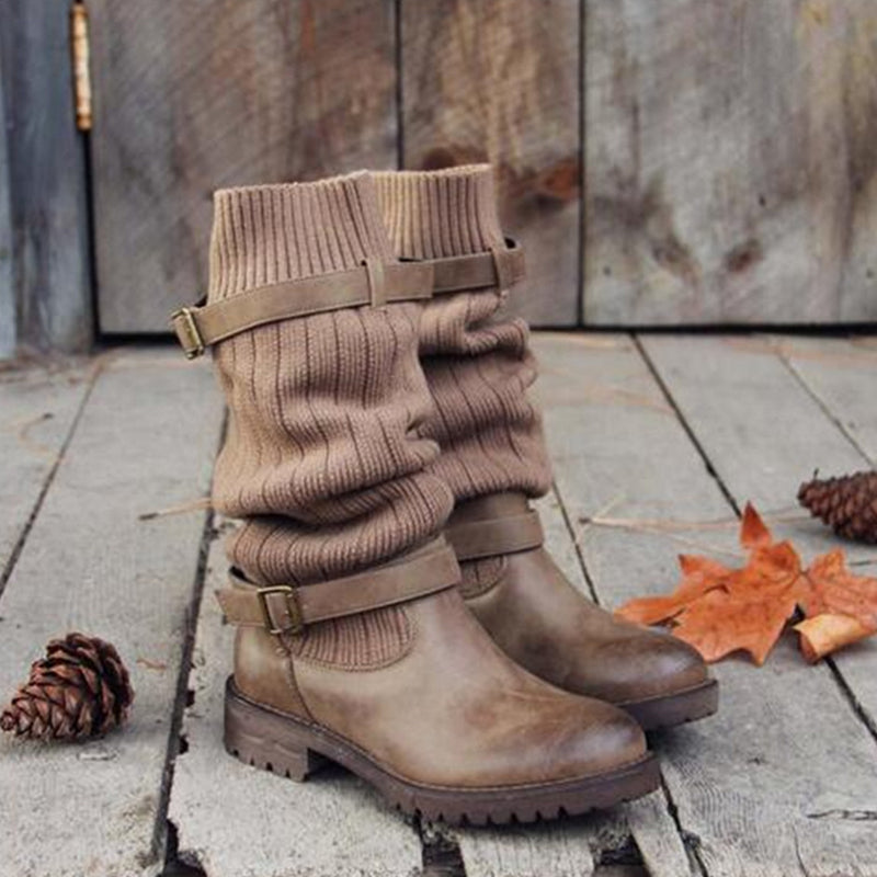 Casual Lace-Up Knitted Panel Boots