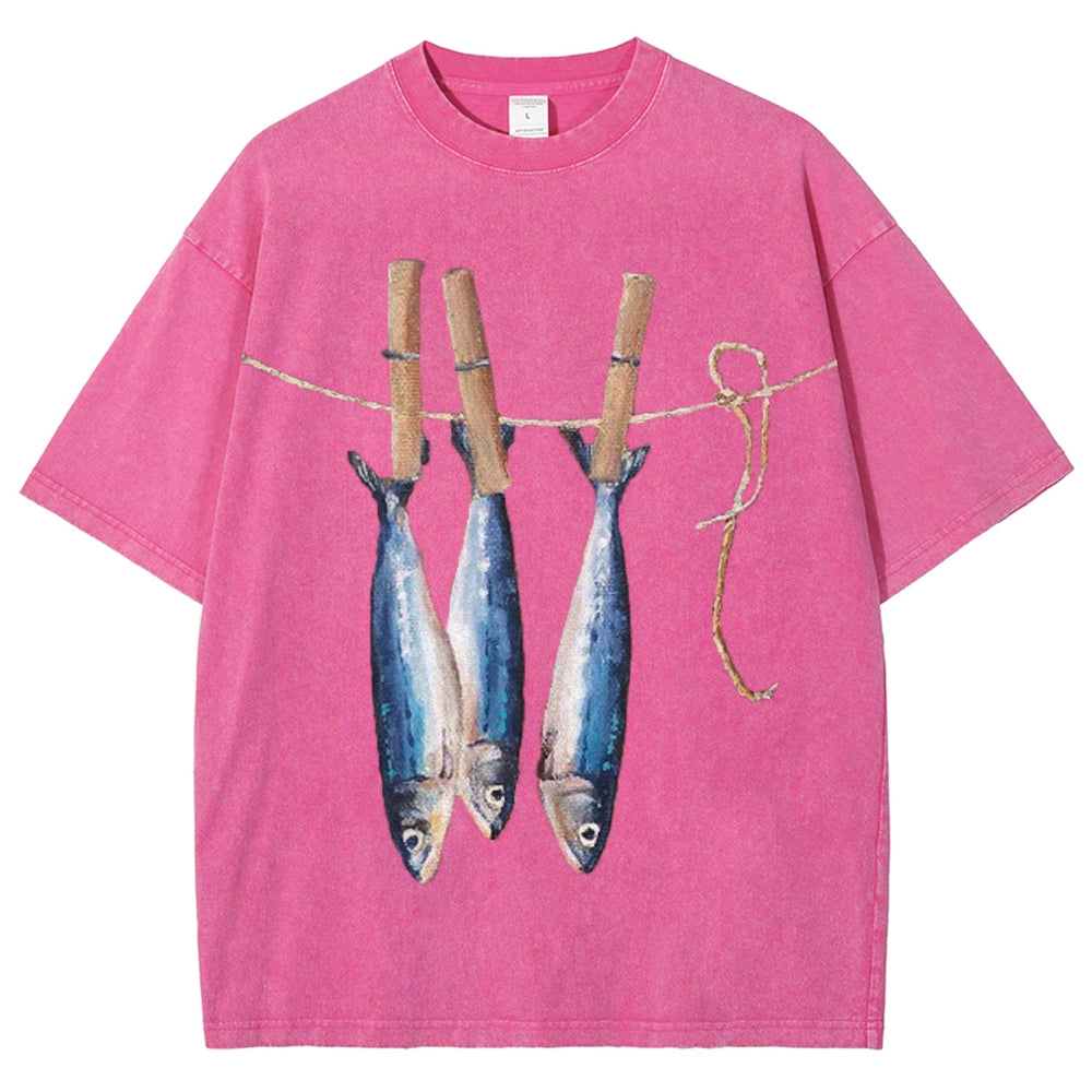 Unisex Sardines Printed Casual Washed T-shirt